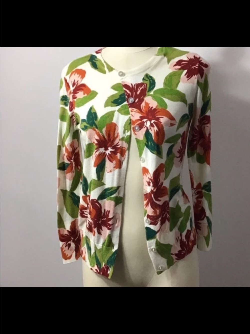 EUC Ann Taylor White Cardigan with Red & Green Floral Print L